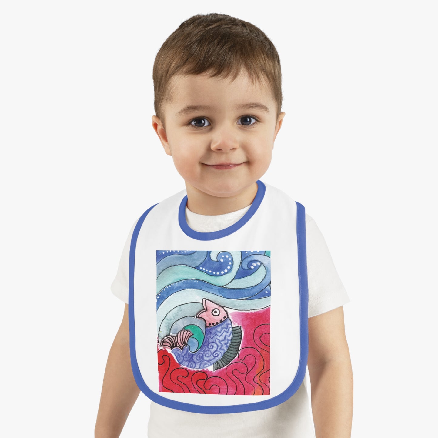 Whimsical Baby Bib with Contrast Trim, Colorful Fish Design, Ideal for Baby Showers, Toddler Mealtime, Cute Gift Idea by Japochine