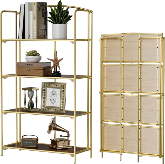 No Assembly Folding Bookshelf for Living Room, 4 Tier Gold Collapsible Book Shelf for Home Office, Portable Bookcase Storage Organizer-0