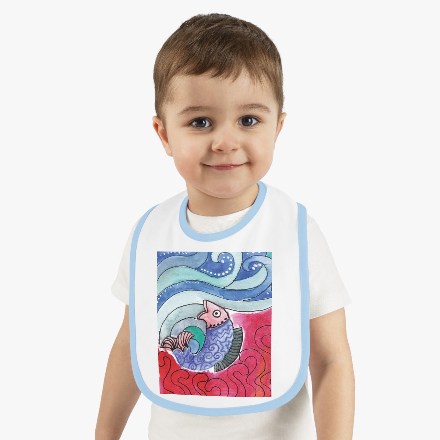 Whimsical Baby Bib with Contrast Trim, Colorful Fish Design, Ideal for Baby Showers, Toddler Mealtime, Cute Gift Idea by Japochine