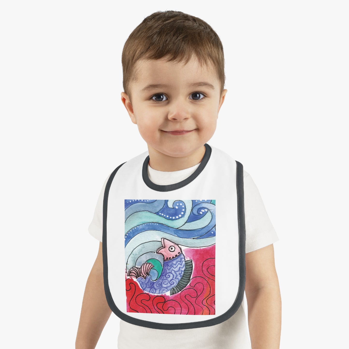Whimsical Baby Bib with Contrast Trim, Colorful Fish Design, Ideal for Baby Showers, Toddler Mealtime, Cute Gift Idea by Japochine