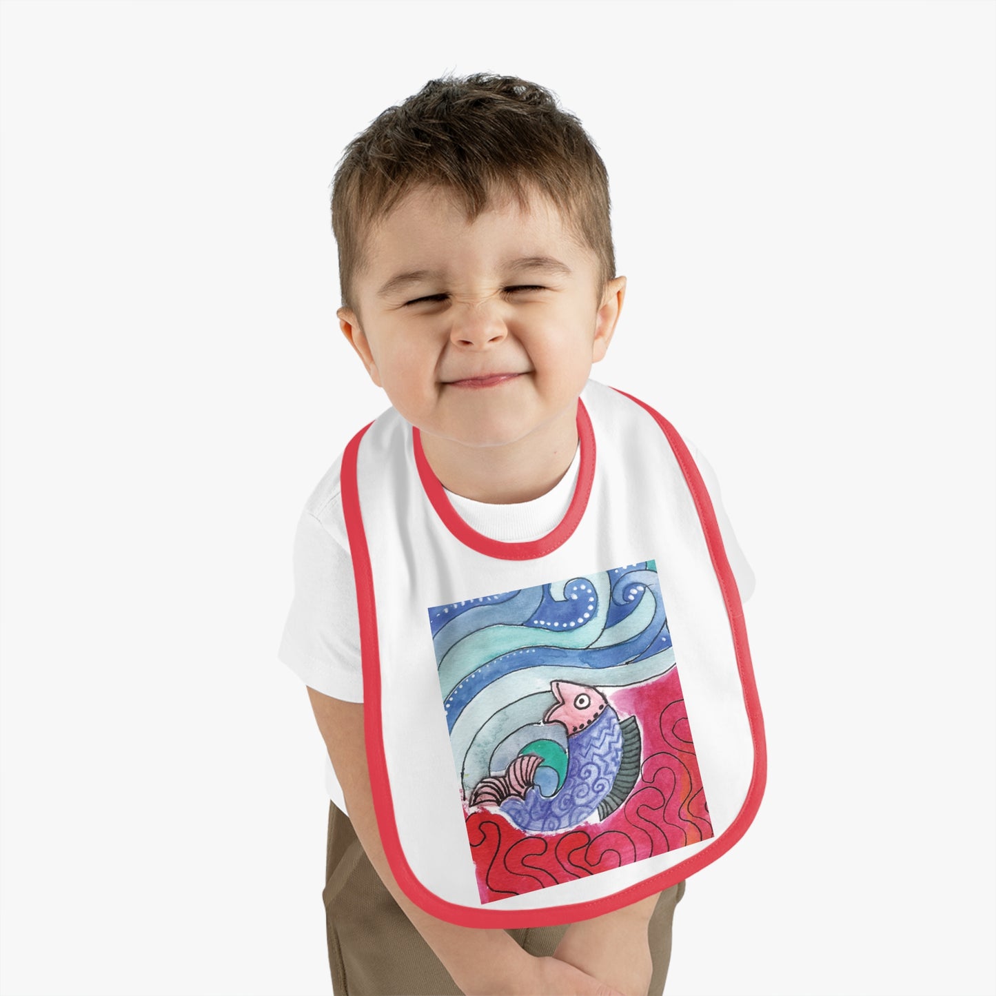 Whimsical Baby Bib with Contrast Trim, Colorful Fish Design, Ideal for Baby Showers, Toddler Mealtime, Cute Gift Idea by Japochine