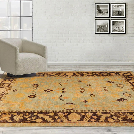 6'1''x9'1'' Hand Knotted Oushak 100% Wool Oushak Traditional Oriental Area Rug Pale Aqua, Chocolate Color-0