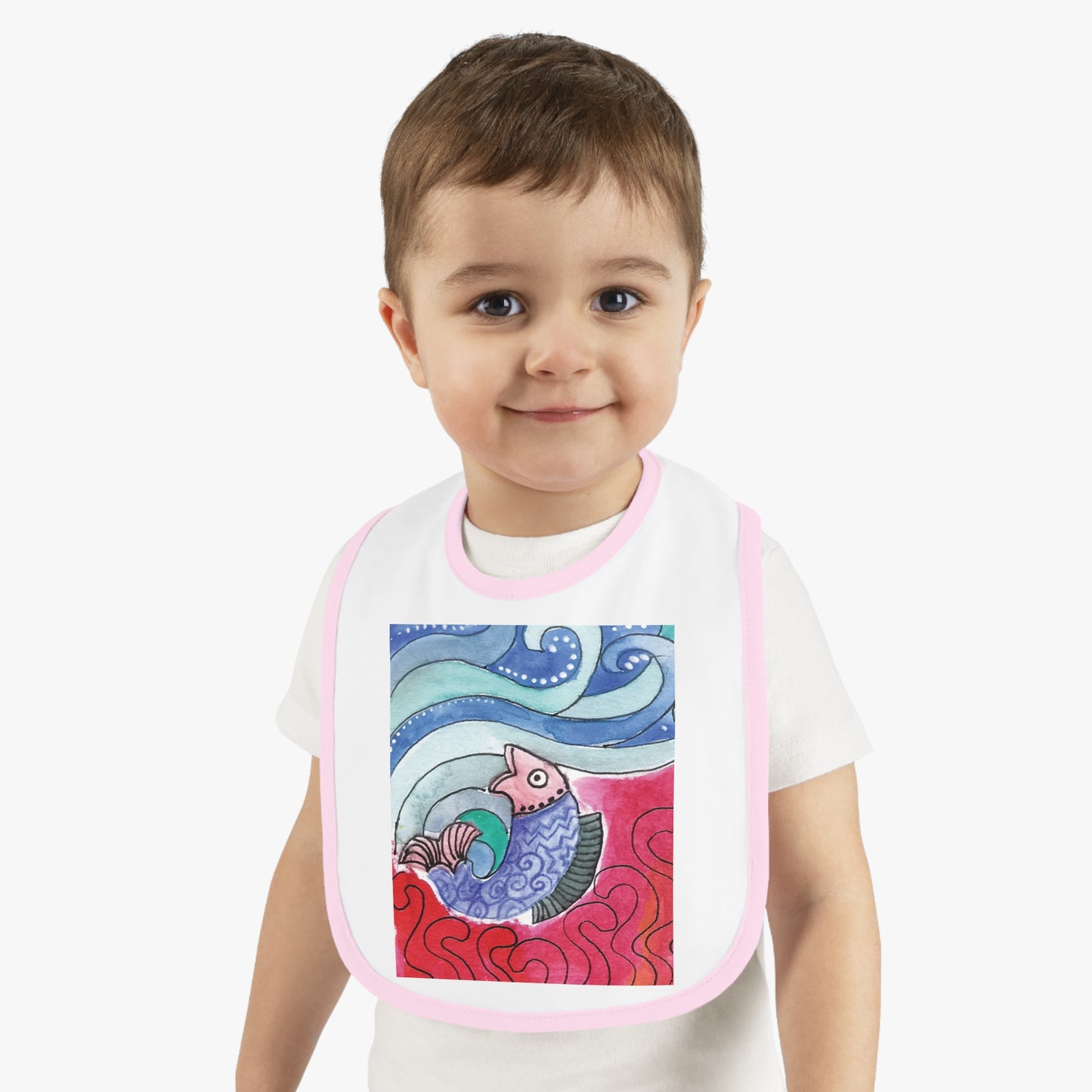 Whimsical Baby Bib with Contrast Trim, Colorful Fish Design, Ideal for Baby Showers, Toddler Mealtime, Cute Gift Idea by Japochine