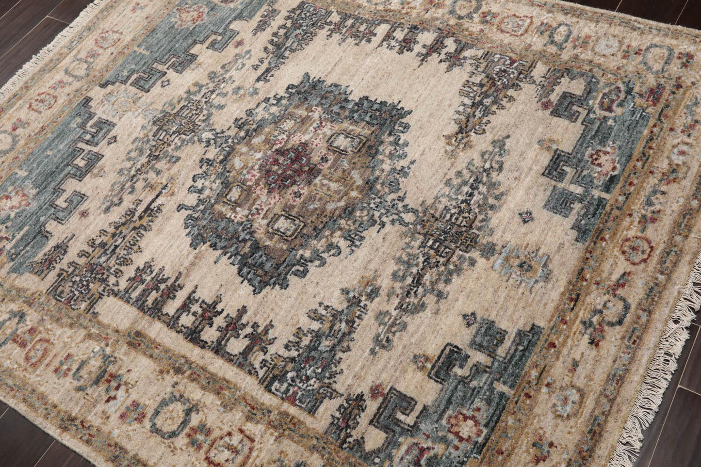 5'2"x6'1" Hand Knotted 100% Wool Muted Turkish Oushak Traditional Oriental Area Rug Beige, Blue Color-3