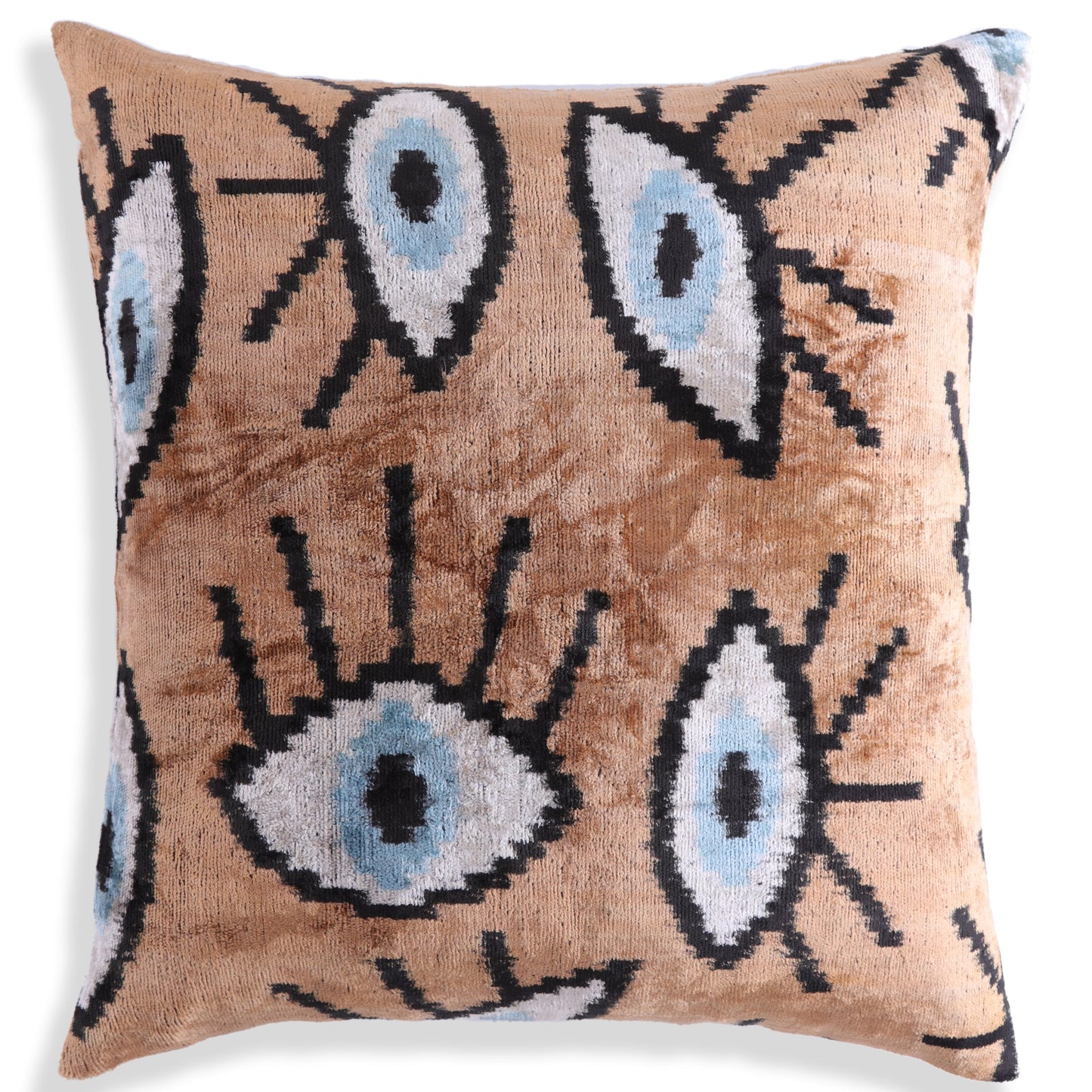 Handmade 16x16 Velvet Pillow – Evil Eye Pattern in Blue & Tan Brown-4