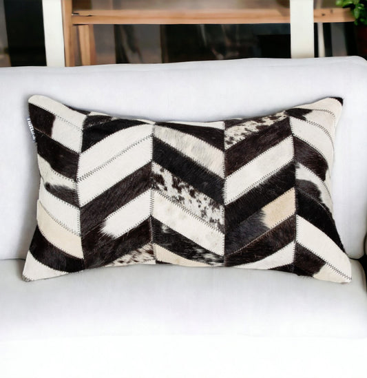 12" X 20" Black and Off White Chevron Cowhide Throw Pillow-0