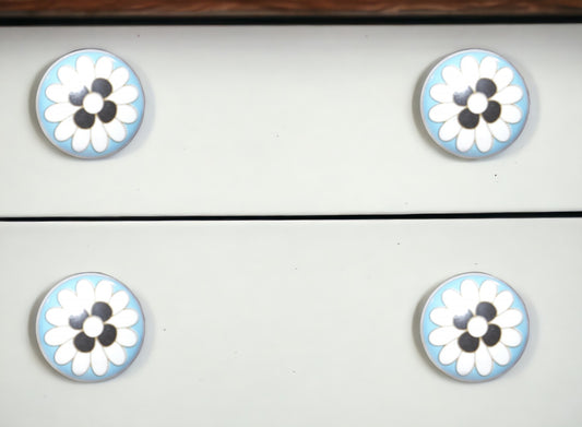 Set of Eight Blue White And Black Floral Ceramic Drawer Pull Knobs-0