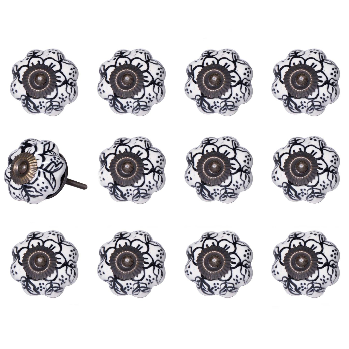 Set of Twelve Black And White Floral Ceramic Drawer Pull Knobs-3