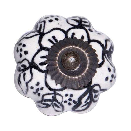 Set of Twelve Black And White Floral Ceramic Drawer Pull Knobs-0
