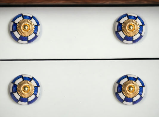 Set of Twelve Blue White And Gold Geometric Ceramic Drawer Pull Knobs-0