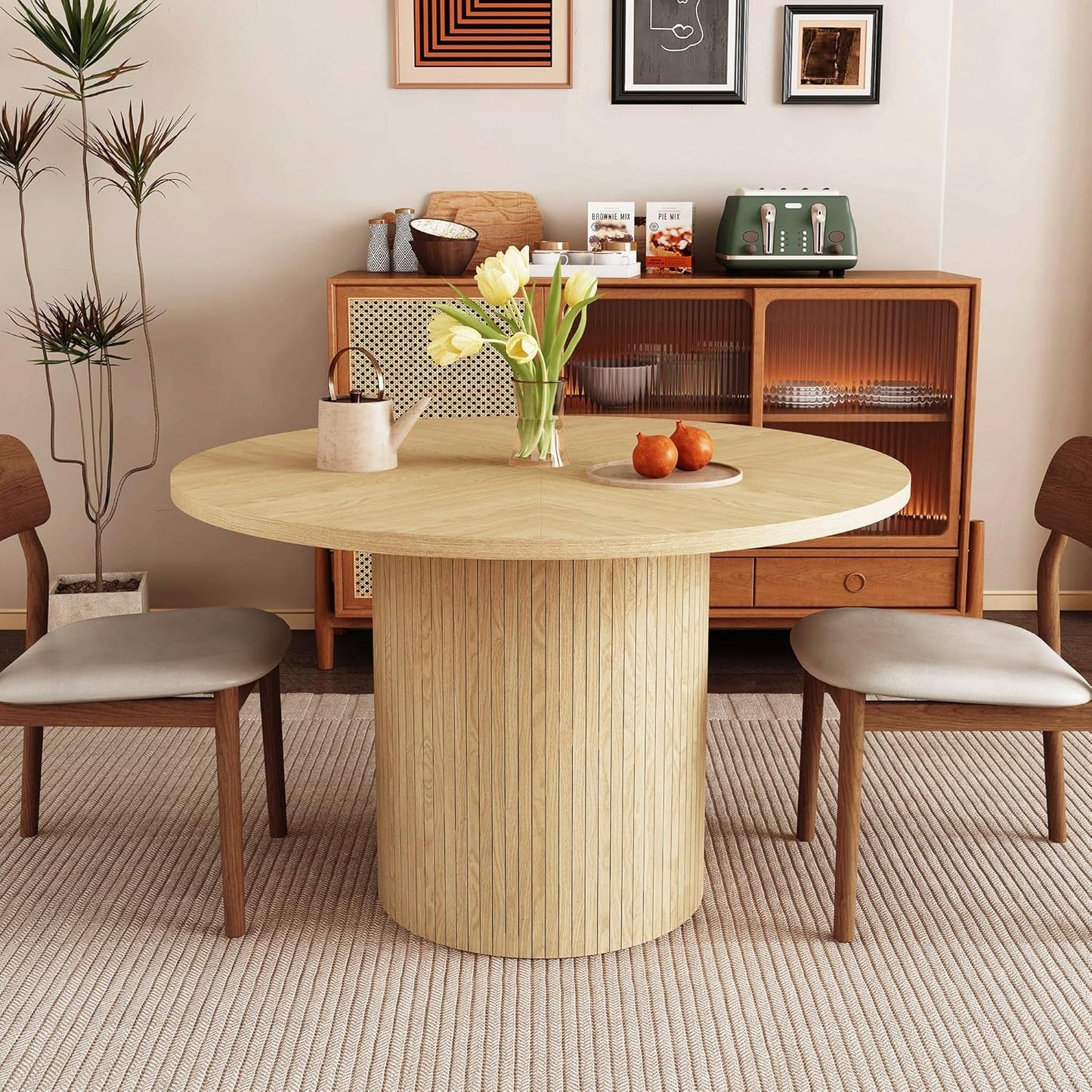 Round Dining Table for 4, Modern Farmhouse Kitchen Table, 47 Inch Small Circle Dining Tables with Wood Strip Base for Kitchen Living Room (Natural)-0