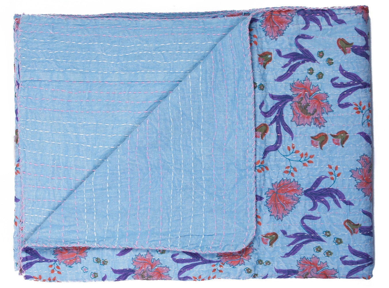 50" X 70" Blue and Purple Kantha Cotton Floral Throw Blanket with Embroidery-0
