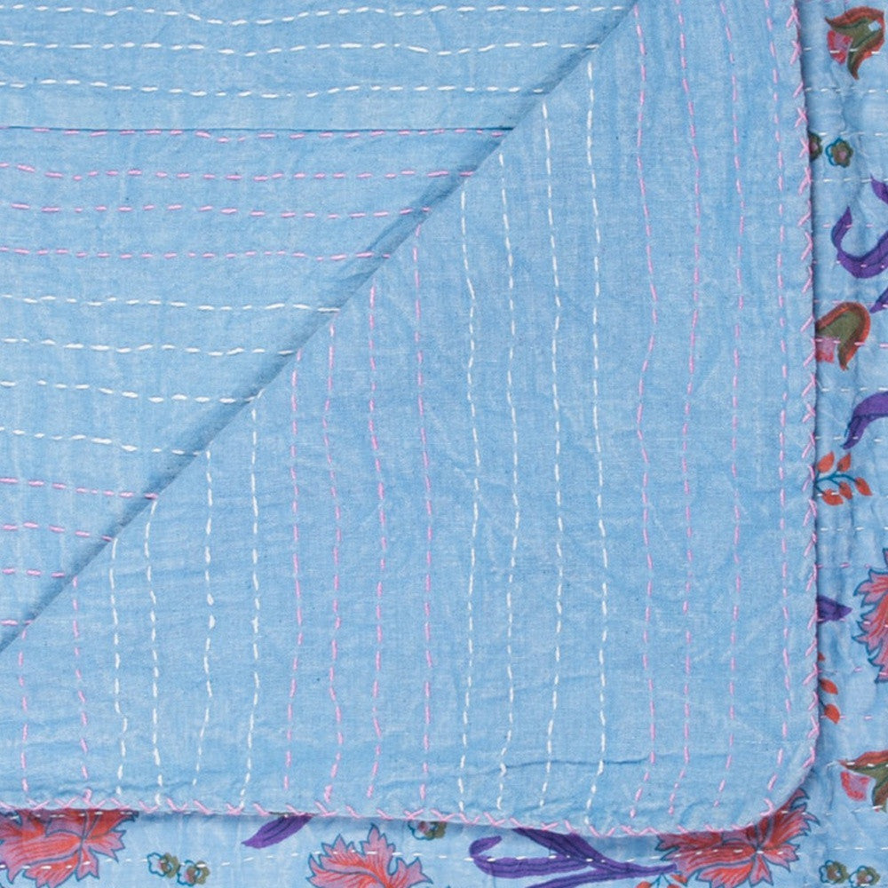 50" X 70" Blue and Purple Kantha Cotton Floral Throw Blanket with Embroidery-4