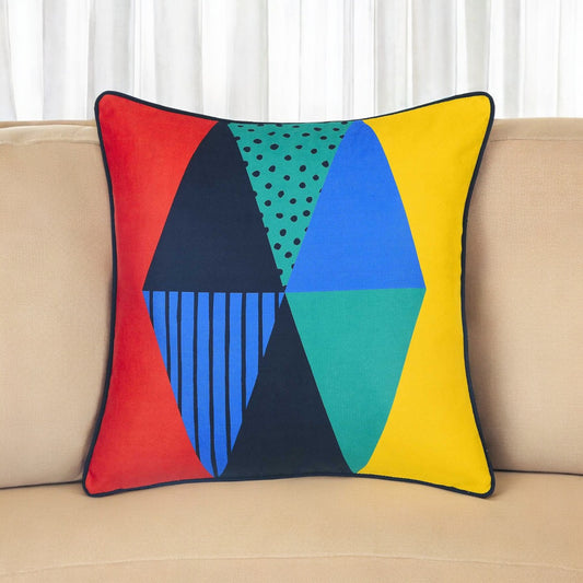 18" Blue Red And Yellow Fabric Throw Pillow Cover-0