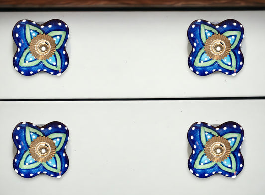 Set of Eight Blue And Green Floral Ceramic Drawer Pull Knobs-0