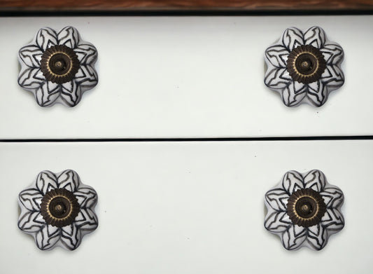 Set of Twelve Black And White Floral Ceramic Drawer Pull Knobs-0
