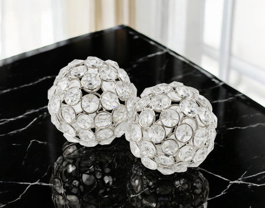 Set of Two Silver And Clear Faux Crystal And Metal Orb Decorative Tabletop Sculptures-0