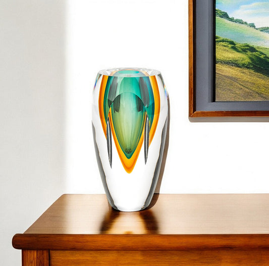 6" Clear Amber and Green Abstract Murano Glass Table Vase-0