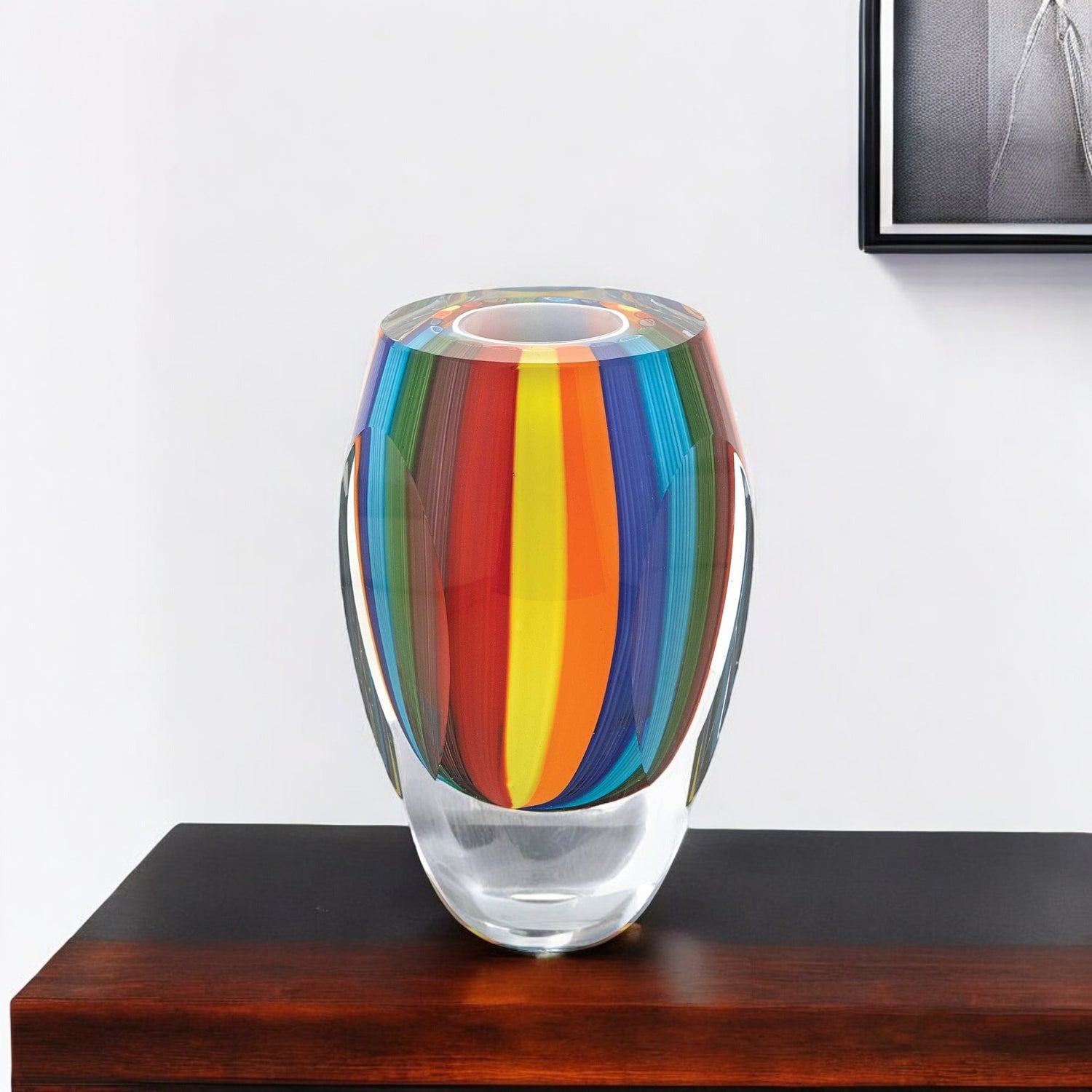 6" Blue Clear Red And Yellow Cylinder Crystal Glass Table Vase-0