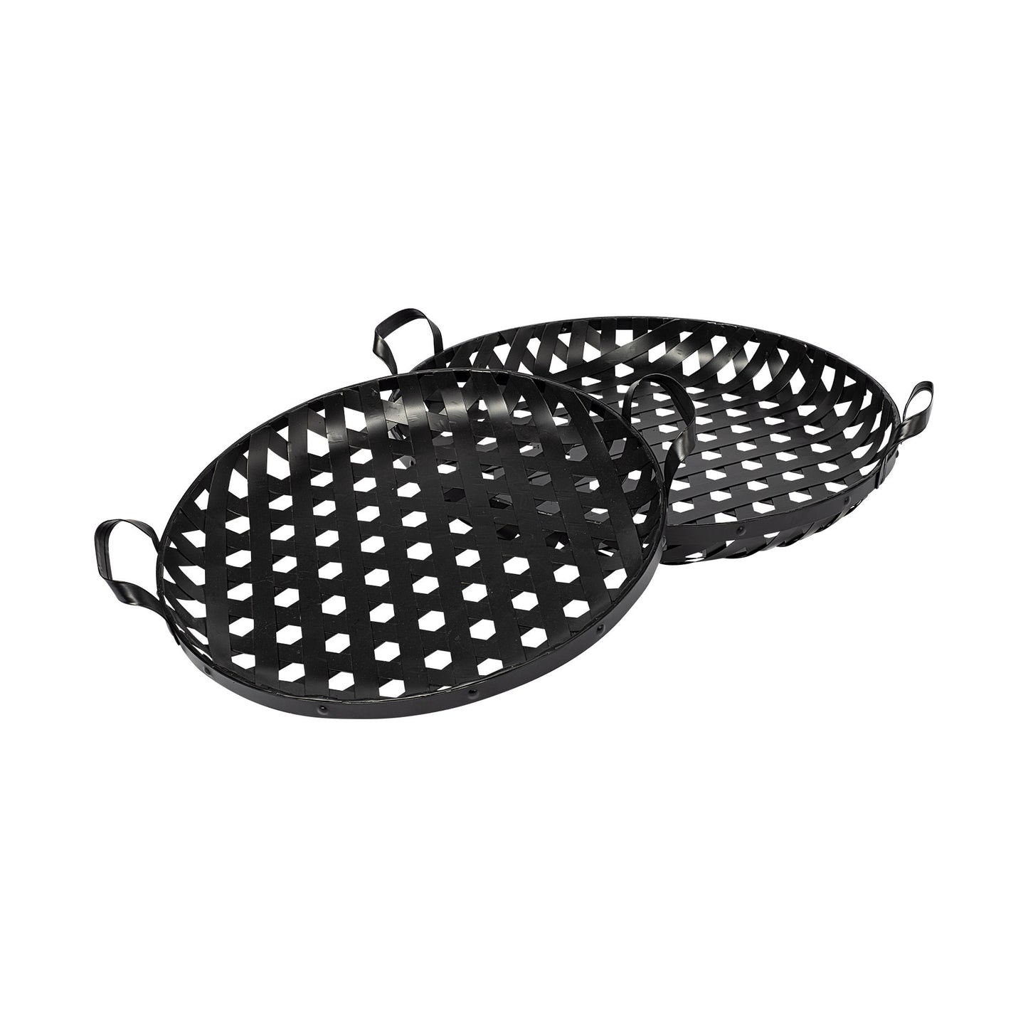 Set of Two Black Round Metal Indoor Outdoor Tray With Handles-1