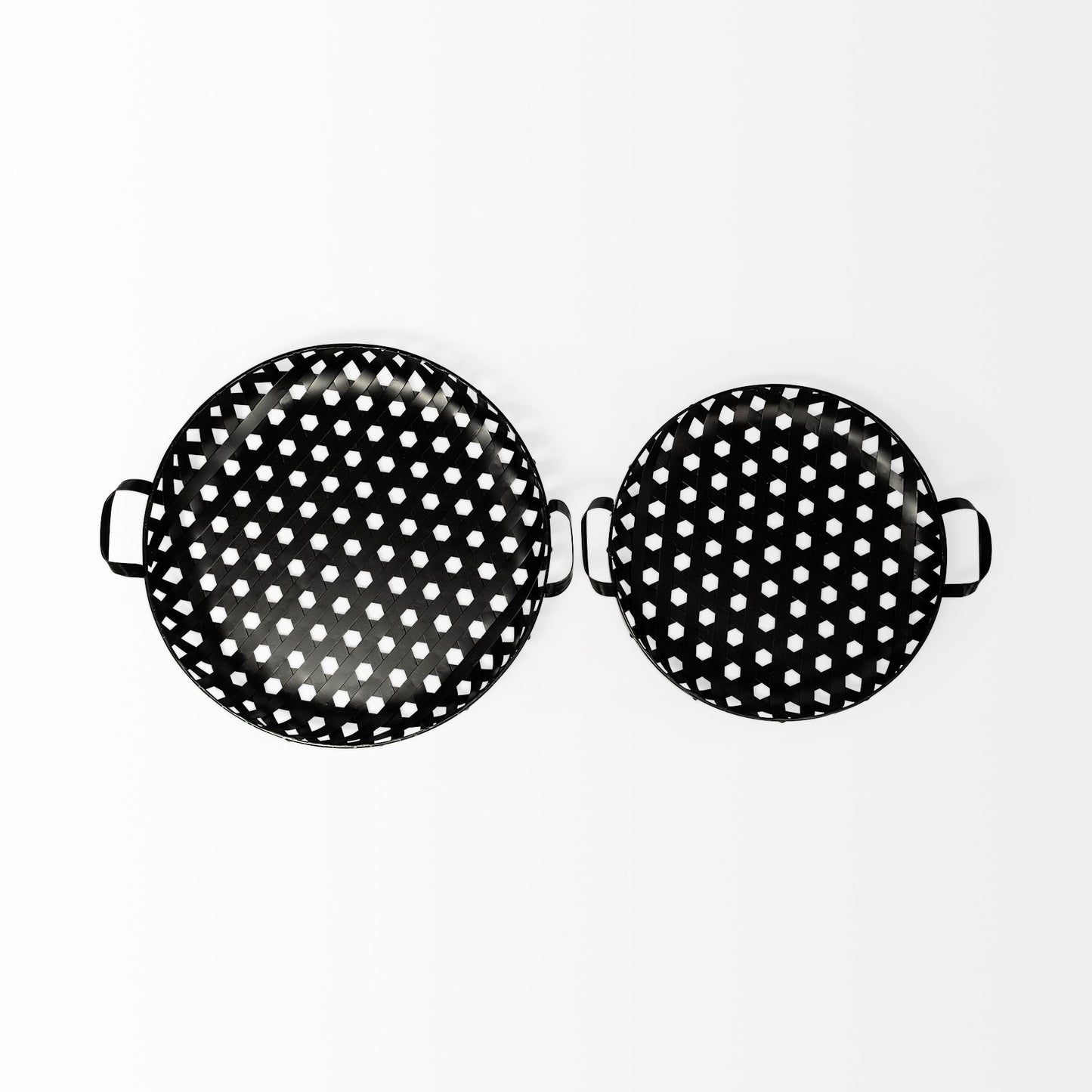 Set of Two Black Round Metal Indoor Outdoor Tray With Handles-2