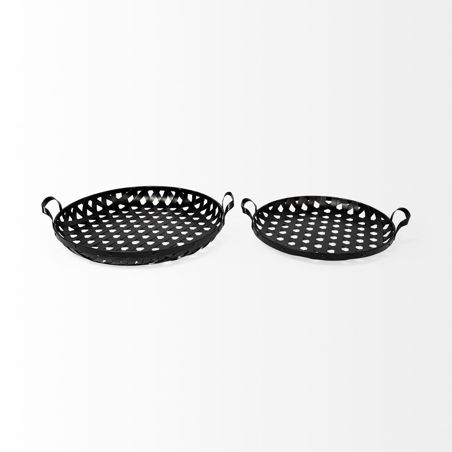 Set of Two Black Round Metal Indoor Outdoor Tray With Handles-3