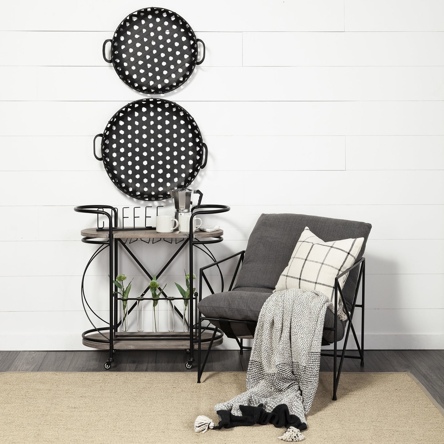 Set of Two Black Round Metal Indoor Outdoor Tray With Handles-8