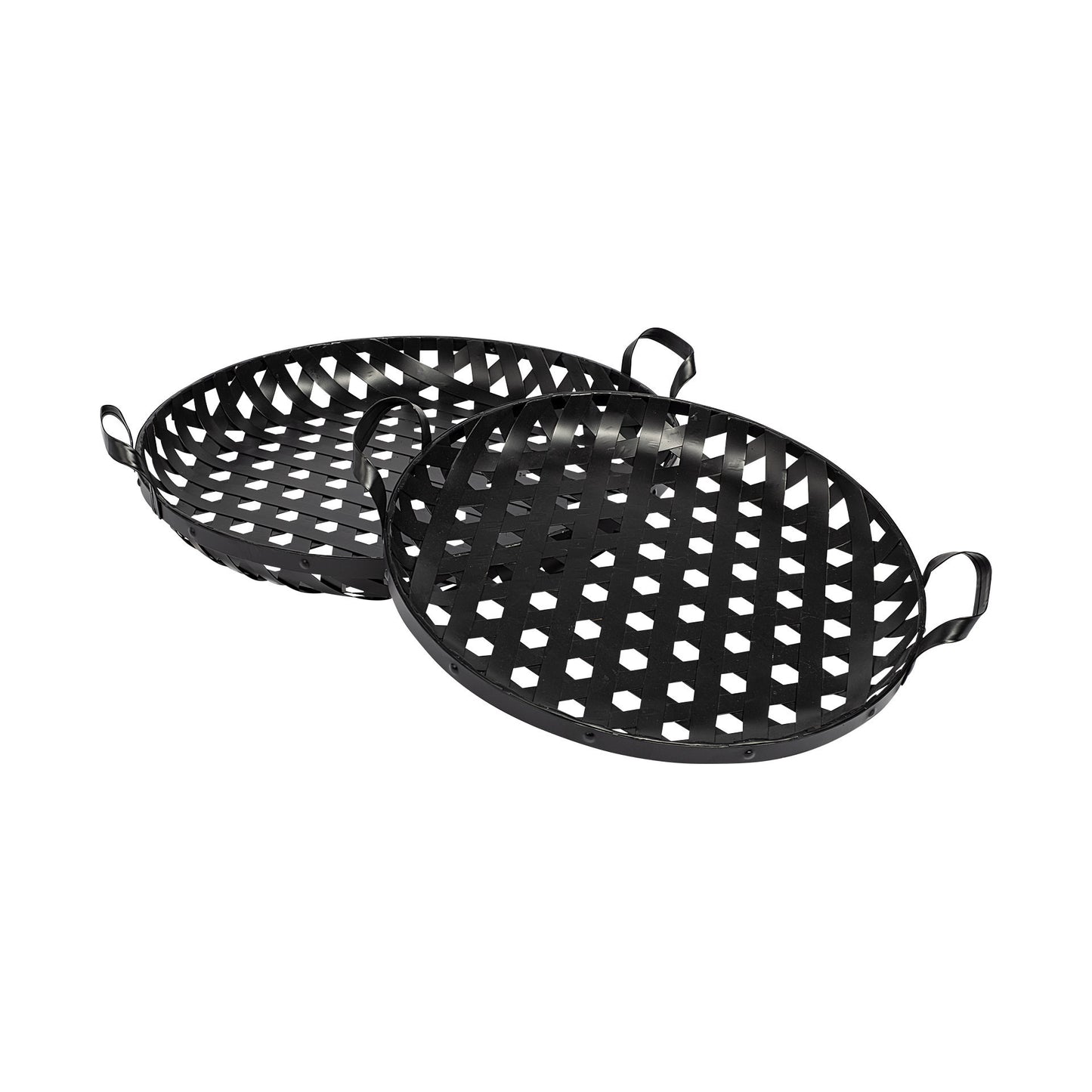 Set of Two Black Round Metal Indoor Outdoor Tray With Handles-5