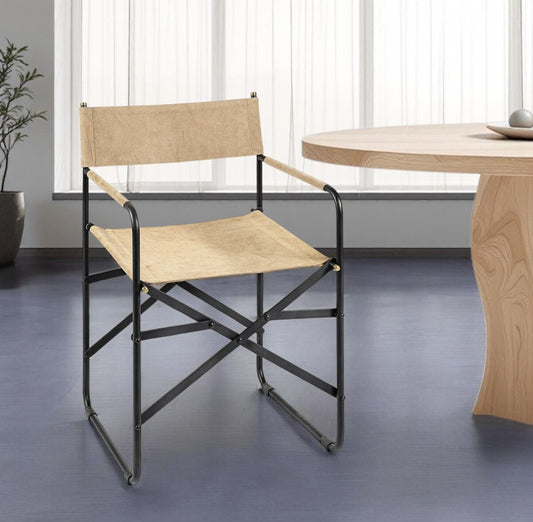 Cream And Black Leather Metal Open Back Dining Arm Chair-0