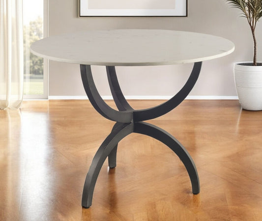 40" Off White And Black Rounded Marble And Metal Three Leg Base Dining Table-0