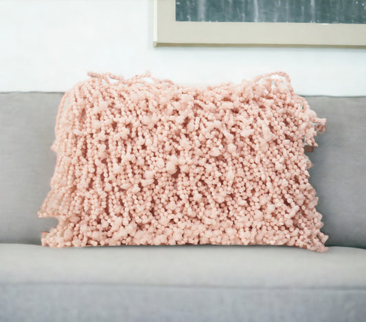 14" X 20" Pale Pink Shaggy Beads Lumbar Throw Pillow-0