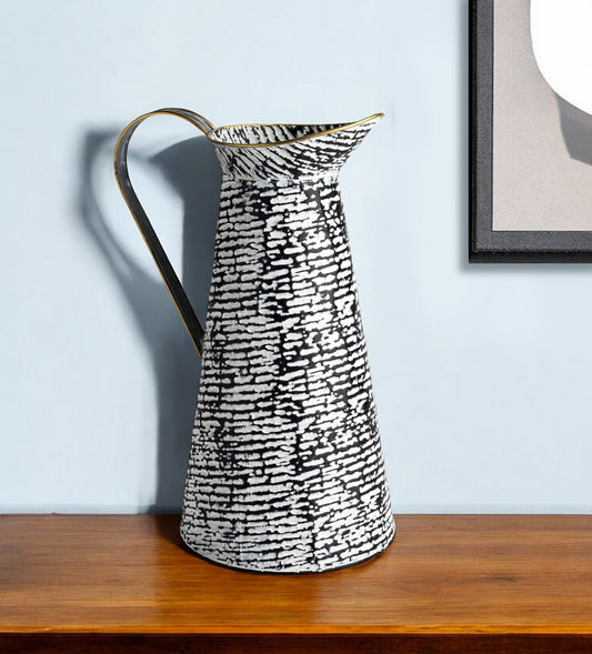 14" Black And White Abstract Cylinder Metal Jug Vase-0