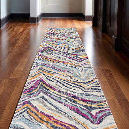 10' Blue And Gold Abstract Runner Rug-0