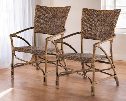 Set of Two Natural Rattan Open Back Dining Arm Chairs-0