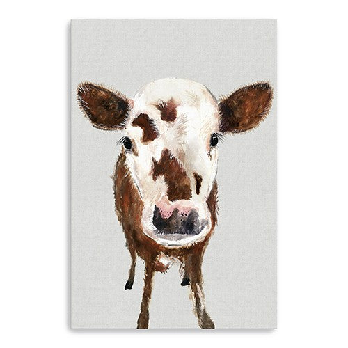 24" x 16" Brown and White Baby Cow Face Canvas Wall Art-0