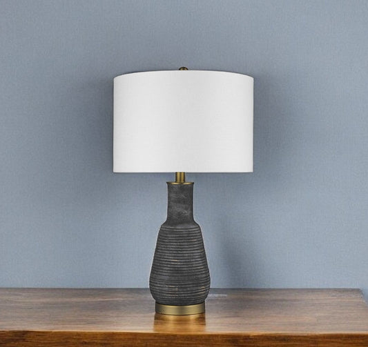 26" Distressed Black and Gold Ceramic Table Lamp With White Drum Shade-0