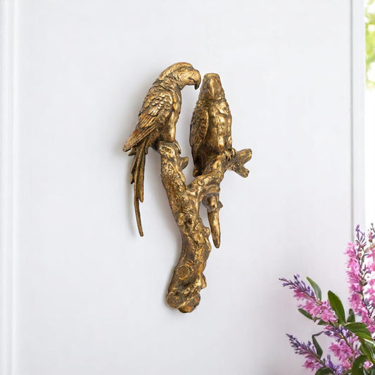 13" Antiqued Gold Parrots Hanging Dimensional Sculpture-0