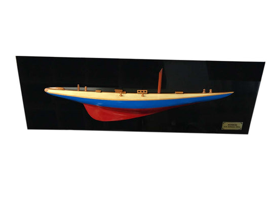 12" Blue and Red Solid Wood Hand Painted Rainbow Half-Hull Model Boat-0