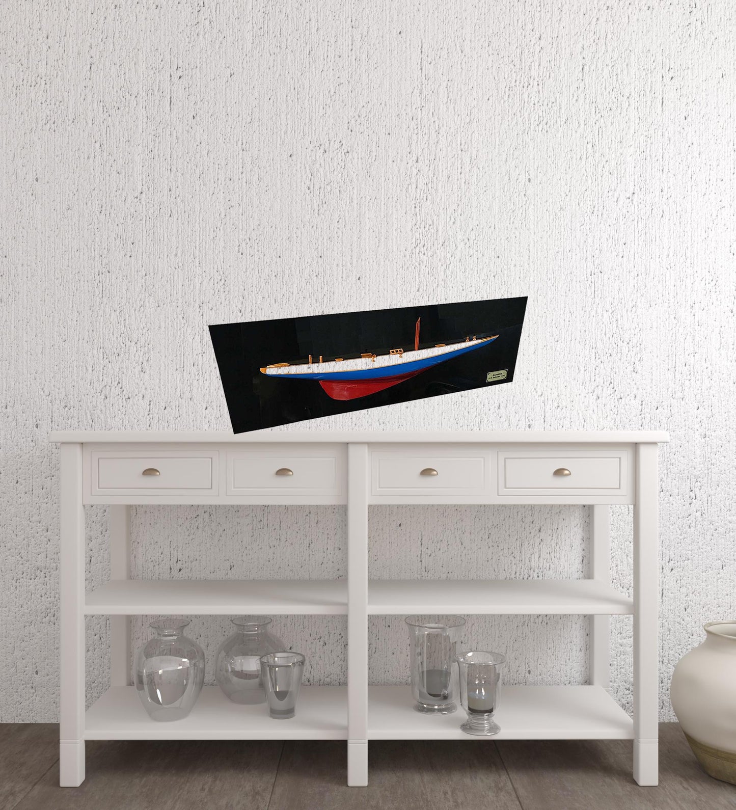12" Blue and Red Solid Wood Hand Painted Rainbow Half-Hull Model Boat-3