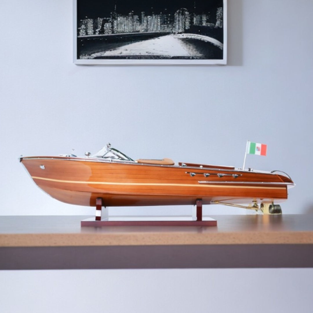 7" Wood Brown Solid Wood Hand Painted Riva Aqurama Medium Speedboat Model Boat-1