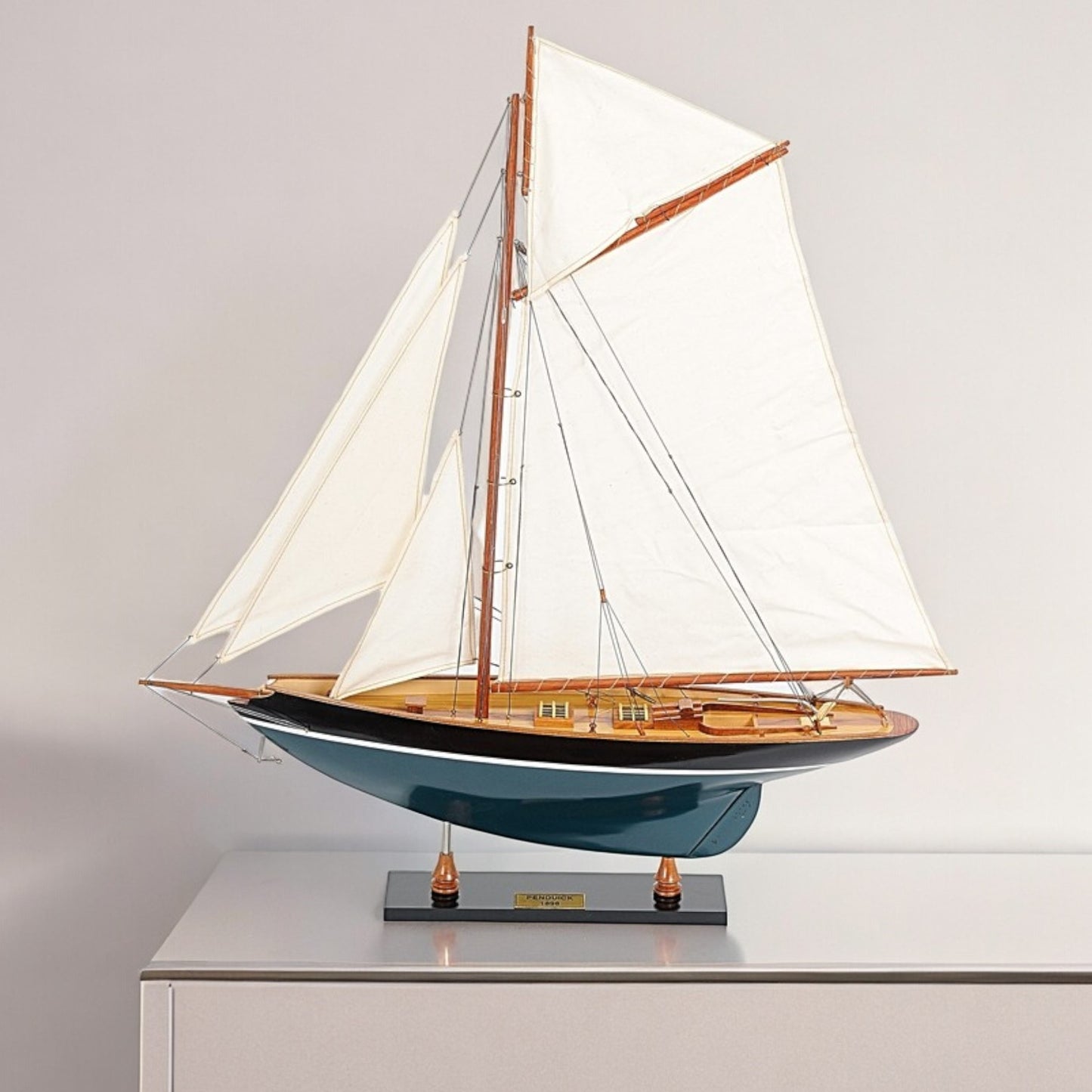 31" Black Blue And White Solid Wood Pen Duick Hand Painted Model Sail Boat-3