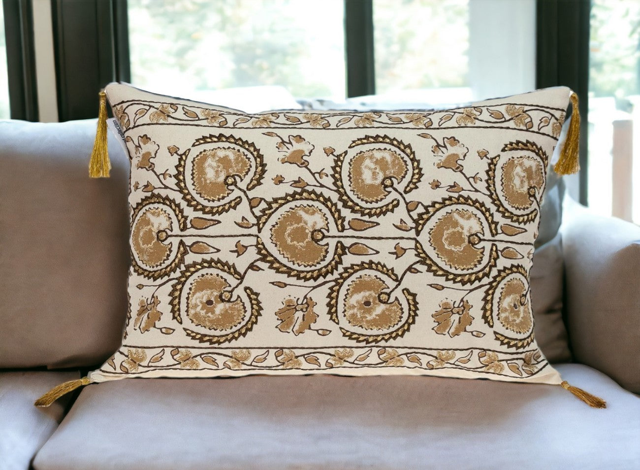 Gold and Bronze Embroidered Decorative Lumbar Pillow-1