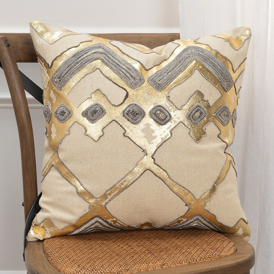 Beige Gold Foil Distressed Modern Throw Pillow-4
