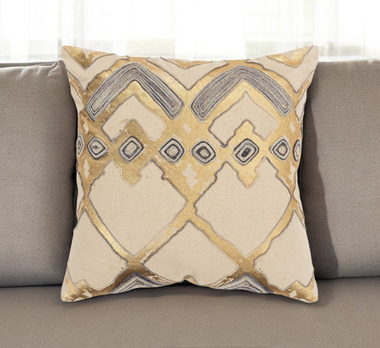 Beige Gold Foil Distressed Modern Throw Pillow-0