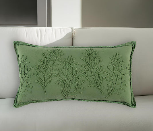 14" X 26" Green Tone on Tone Botanical Throw Pillow With Embroidery-0