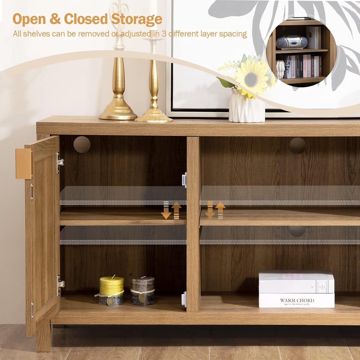 TV Stand for Living Room : Rattan TV Console Cabinet with Storage and Shelf, Boho Entertainment Center, 59" Media Console for 55, 65 Inch TV, 26" Tall Wood Television Stands, Oak-2