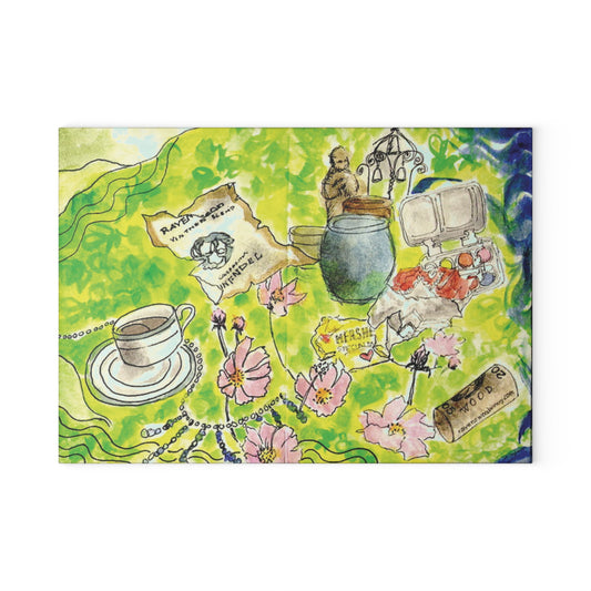 Watercolor Dining Table Vignette Glass Cutting Board - Ideal for Food Preparation and Serving, Housewarmings, Birthdays - Vibrant Colors,