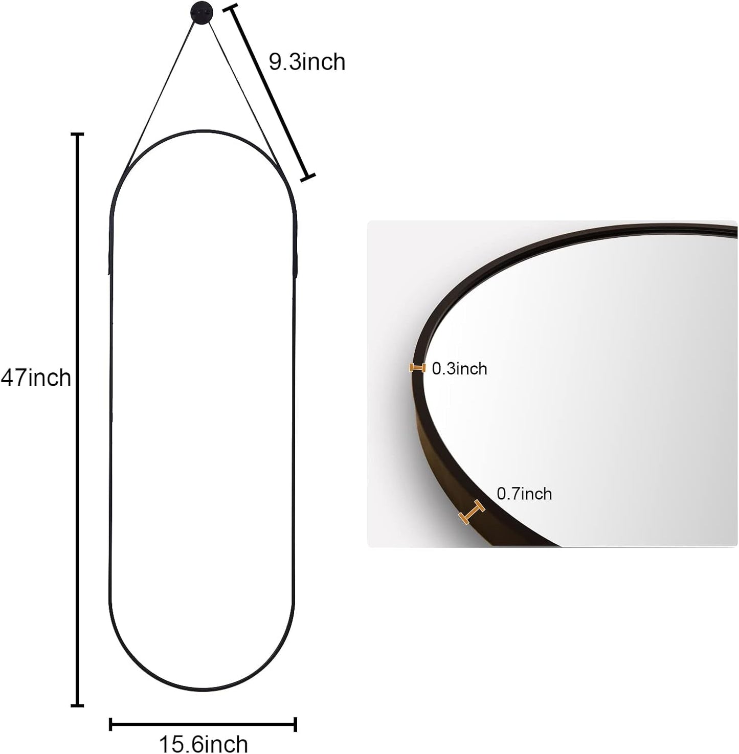 16"X48" Oval Hanging Mirror with Leather Strap Full Length Mirror Aluminum Frame Wall-Mounted Hanging Mirrors for Bathroom Vanity Living Room Bedroom Entryway Decor-4