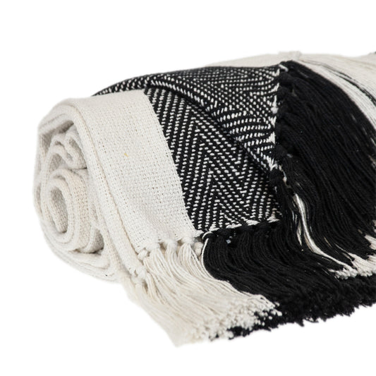 Black and White Woven Cotton Striped Throw Blanket-0