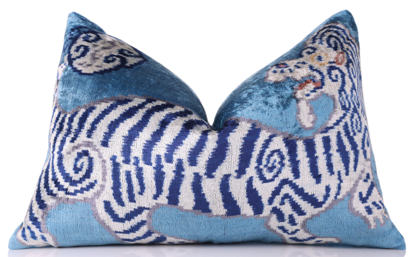 Handmade Blue Velvet Tiger Pillow – 16x24" Silk Accent Cushion-4